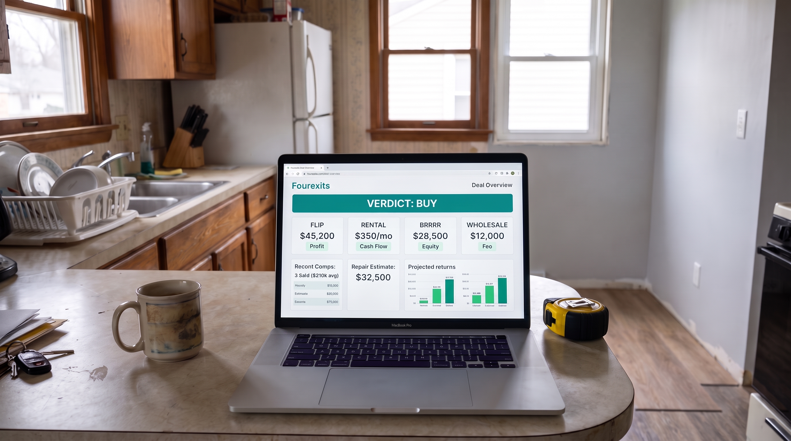 A Fourexits deal report open on a laptop, showing the buy or pass verdict and the four exit numbers